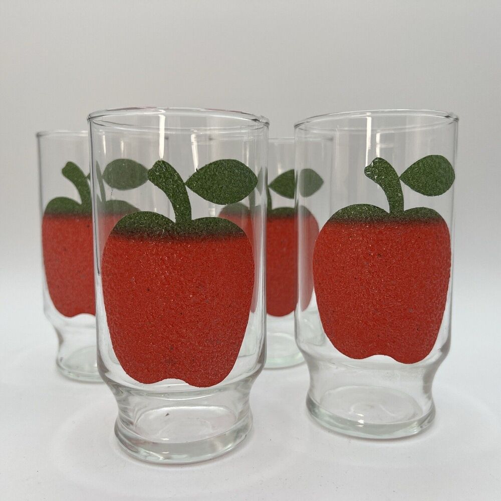 Set 4 Vintage 1960’s Red Apple Tumbler Drinking Glasses Textured Fruit Glass MCM